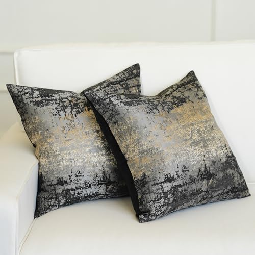 Charcoal Champagne Metallic Jacquard Pillow Covers 18x18 Pack of 2 Velvet Back Modern Glam Sofa Decor (2 Count)