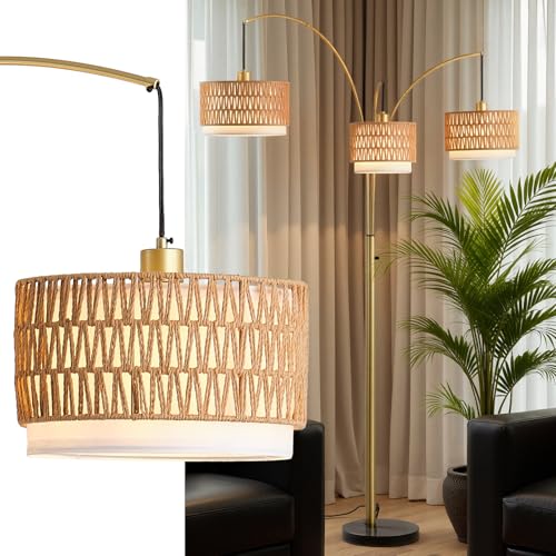 80'' Brushed Gold Rattan Arc Floor Lamp for Living Room