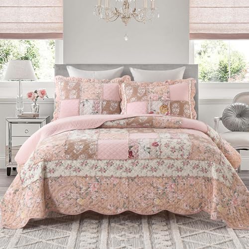 Quilts California King Patchwork Pink Floral Quilt Set Vintage Shabby Chic Botanical Quilted Bedspread 3
