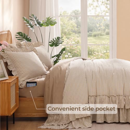 King Size Comforter Set Gingham Ruffle Tan 7 Pieces Bed in a Bag