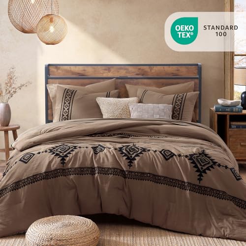 Embroidery Queen Comforter Set 7 Pieces Brown Bed in a Bag
