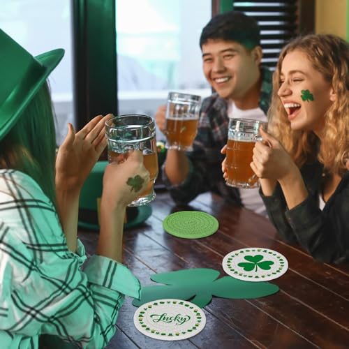 4Pcs St. Patrick's Day Handmade Braided Drink Coasters Shamrock Lucky Clover Cotton Coasters Irish Green Absorbent Cup Mat Tabletop Protection for Home Office Party Tableware (4 Count)