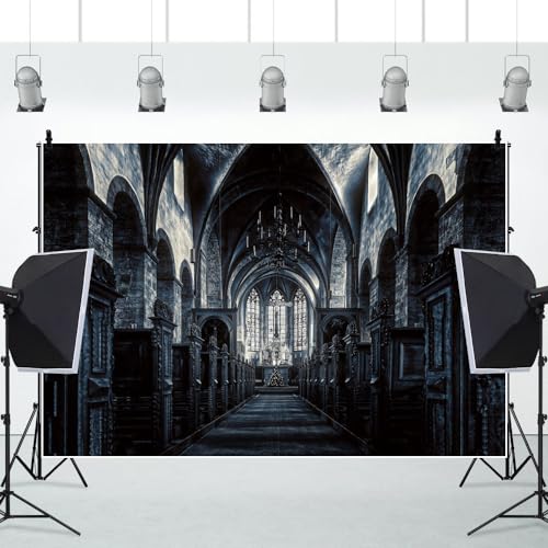 15x8ft Scary Church Halloween Backdrop Dark Black Horror Gothic Medieval Castle Interior Photography Background Halloween Night Carnival Theme Party Decor Banner Photo Studio Props