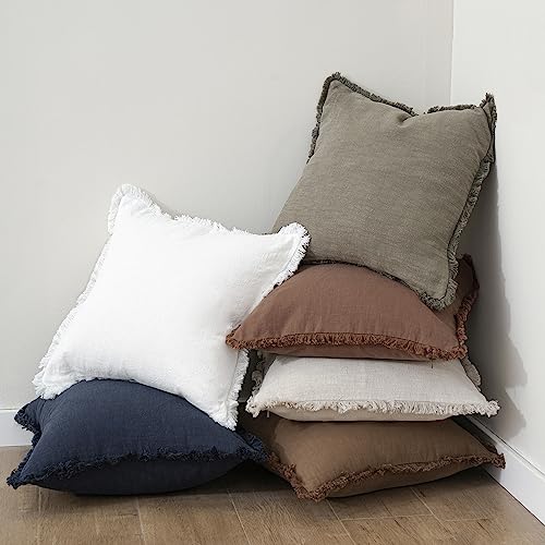 Boho Linen Fringe Lumbar Throw Pillow Covers 12×20 Navy Blue (2 Count)