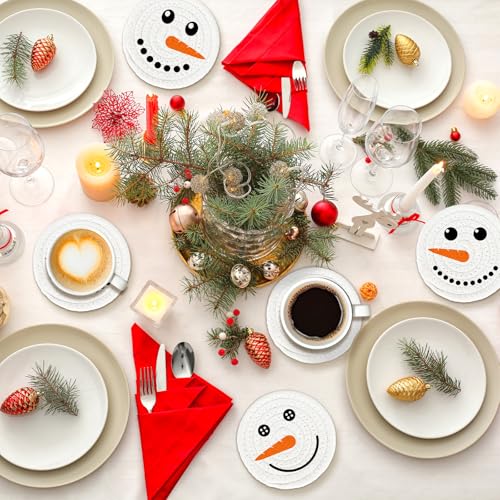 Christmas Cotton Coasters Handmade Braided Drink Coasters Winter Snowman Face Absorbent Cup Mats for Xmas Holiday Party Home Table Decor (4 Count)