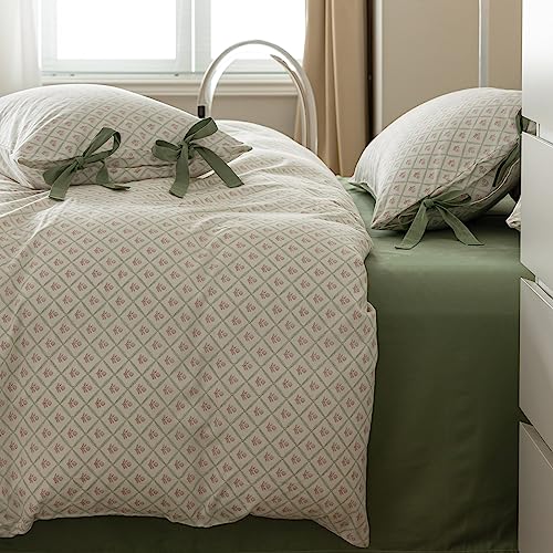 Full Comforter Set Pink Flower Comforter with 2 Bowknot Pillowcases Chic Plaid Grid Prints Floral Bedding Comforter Boho Farmhouse Bedding Set French Country Style Botanical Comforter Set (3 Count)