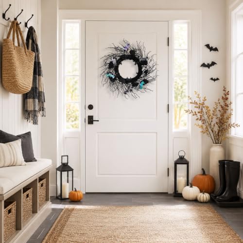 20 Inch Black Twig Halloween Wreath with 30 Orange LEDs and 6 Bats