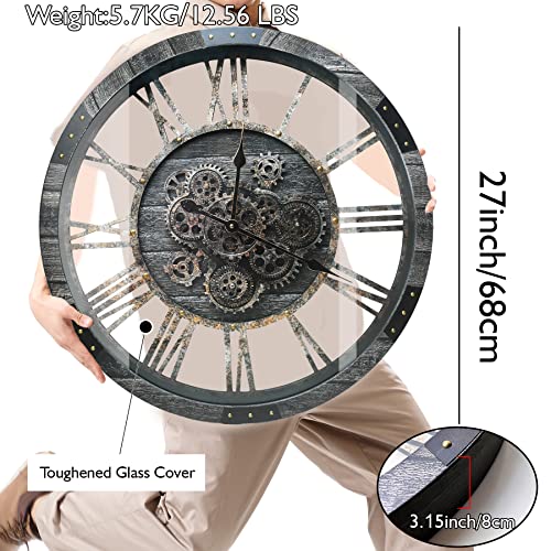 27" Real Moving Gears Large Wall Clock with Toughened Glass Cover