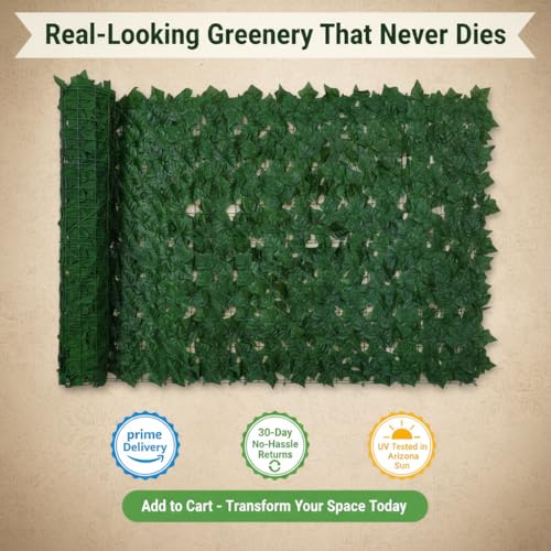 Faux Ivy Privacy Fence Screen Outdoor Expandable Artificial Greenery Roll Fake Hedge Wall Patio Green Plastic Leaf Plant Vine Grass Panels Gate Covering for Garden Yard Balcony (65 Sq Ft)