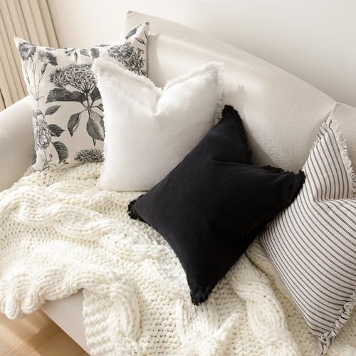 Decorative Linen Fringe Throw Pillow Covers 24×24 Inch (2 Count)