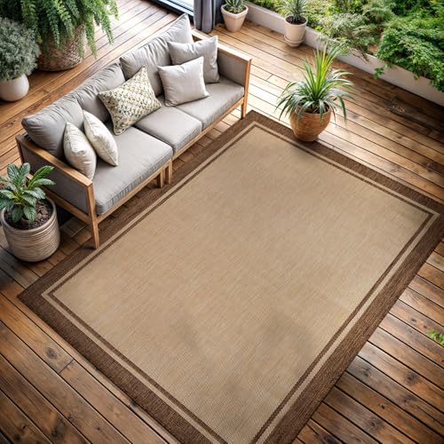 Outdoor Rug 9x12 Bordered Natural Brown Modern Area Rugs for Indoor and Outdoor Patios