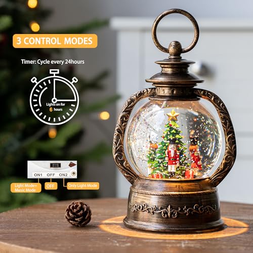 Christmas Snow Globe Lantern Water Glittering Nutcrackers with Music & Timer