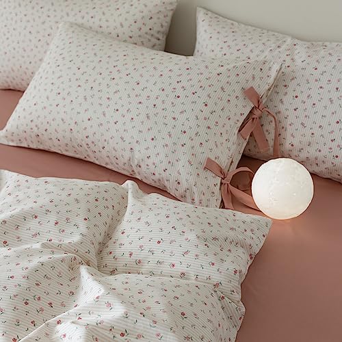 King Size Comforter Set Garden Style Pink White Floral Comforter Set Cozy Aesthetic Bedding Cottagecore Comforter Vintage Botanical Flower Comforter with 2 Bow Ties Pillowcases Fluffy Bed Set