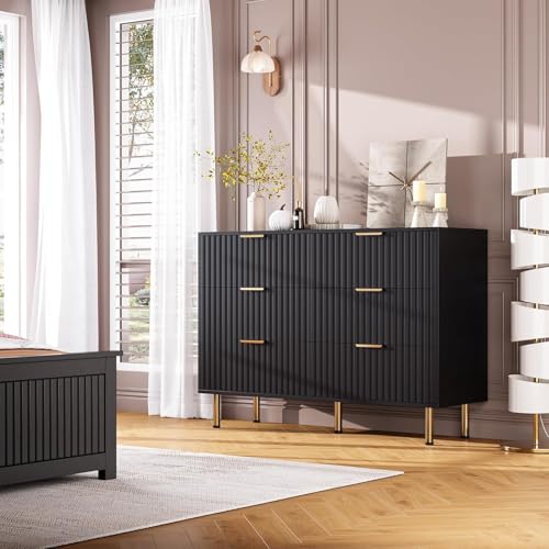 47.2" Fluted Black 6 Drawer Dresser for Bedroom with Deep Drawer