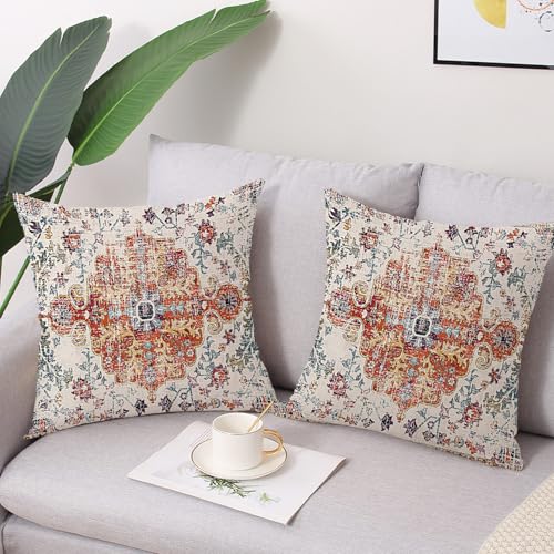 Outdoor Waterproof Pillow Covers 18x18 Inch Set of 2 Bohemian Vintage Carpet Pattern Pillow Covers Blue Burnt Orange Ethnic Design Decorative Farmhouse Couch Garden Balcony (8 Count)