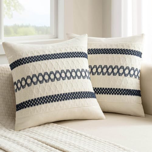 Set of 2 Navy Blue Boho Decorative Pillow Covers 18x18 Inch (2 Count)