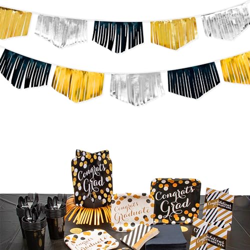 Black Silver Gold Tassel Banner Double Sided Metallic Fabric Pennant Bunting Flag Garland for Graduation Birthday Anniversary Bachelorette Engagement Wedding Bridal Shower Party Decorations Supplies (16.93 Foot)