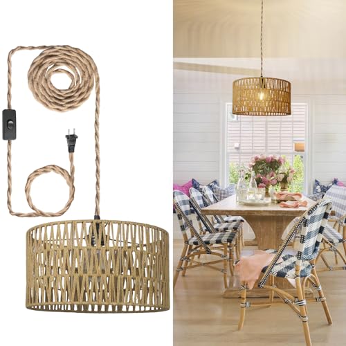 12.6 Inch Boho Hanging Light with Plug in Cord Rattan Hanging Lamp Hand Woven Rattan Wall Lightfor Bedroom