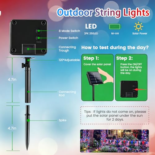 2pack 500LED Solar String Lights Outdoor Waterproof Red White Blue (180 Foot)