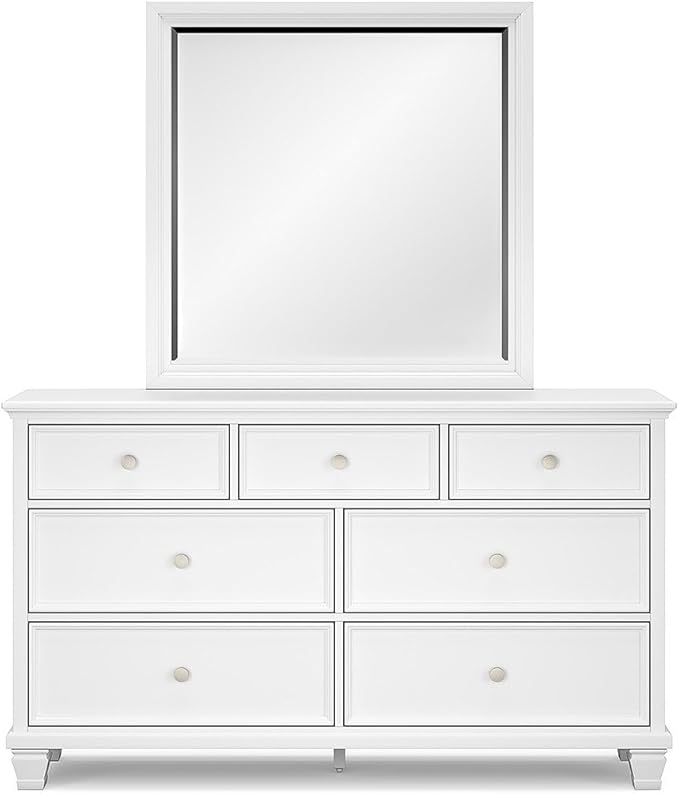 Signature Design by Ashley Fortman Casual Dresser and Mirror, Tapered Feet, 7 Storage Drawers, Round Satin Nickel Metal Knobs, Wood, 74.13" High, White