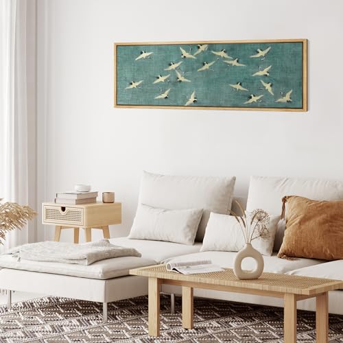 Large Framed Canvas Print Wall Art Serene Skies White Birds in Flight on Teal Antique Retro Fine Art Illustrations Decorative Colorful for Bedroom