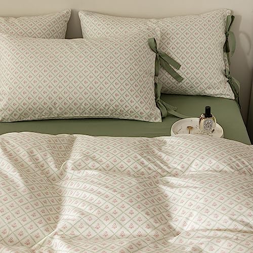 Full Comforter Set Pink Flower Comforter with 2 Bowknot Pillowcases Chic Plaid Grid Prints Floral Bedding Comforter Boho Farmhouse Bedding Set French Country Style Botanical Comforter Set (3 Count)