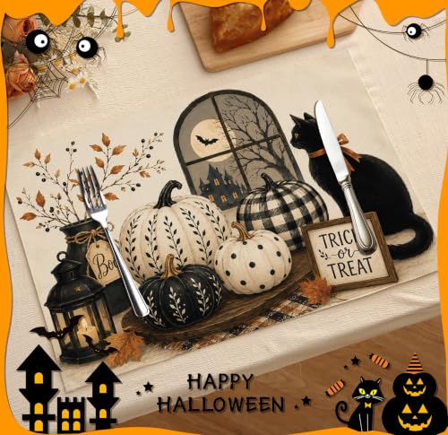 Halloween Placemats Set of 4 Black Cat Pumpkin Linen Mats Farmhouse 18x12 (4 Count)