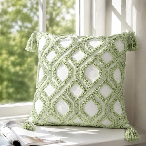 Boho Pillow Covers 18X18 Inch Boho Tufted Throw Pillow Covers Decorative Tassels Cushion Cover Farmhouse Pillow Case for Couch Sofa Bed Living Room Bedroom