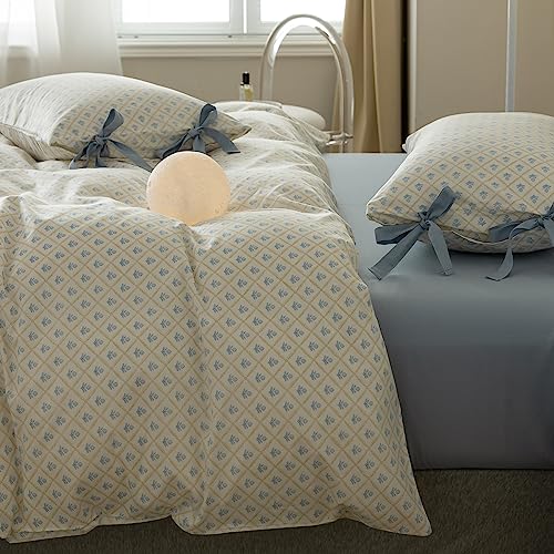 Blue Flower Comforter Set Full Checkered Grid Floral Comforter Set Kids Girls Vintage Country Style Coquette Bedding Comforter Full with 2 Bow Tie Pillowcases Cute Flower Botanical Comforter Set (3 Piece Set)