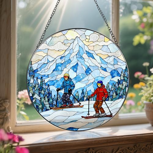 8'' Snowy Mountain Skiers Sun Catcher Ornament