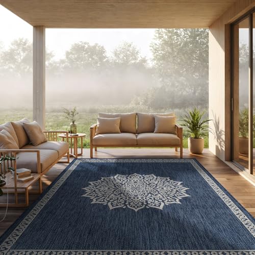 Outdoor Rug 8x10 Medallion Blue Modern Area Rugs for Indoor and Outdoor Patios Kitchen and Hallway Mats Washable Porch Deck Outside Carpet (80 Sq Ft)