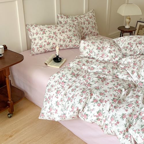 Vintage Floral Comforter Set King Aesthetic Rose Flowers Pattern Comforter Cottagecore Bedding Set 3 Pieces Farmhouse Botanical Comforter Set Soft Lightweight Bedding Comforter King Size