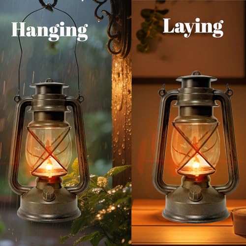 2 Pack LED Vintage Lantern Battery Powered Lanterns with Flame Wick Waterproof Camping Lamp Vintage LED Flame Lamp Hanging Lantern Lights Landscape Patio Garden Pathway Decor for Indoor (2 Count)