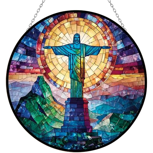 Christ The Redeemer Stained Glass Window Hanging Customized Suncatcher 12" Glass Panel with Metal Chain Sun Catchers Wall Art Home Decor Gift for Women Mother's Day