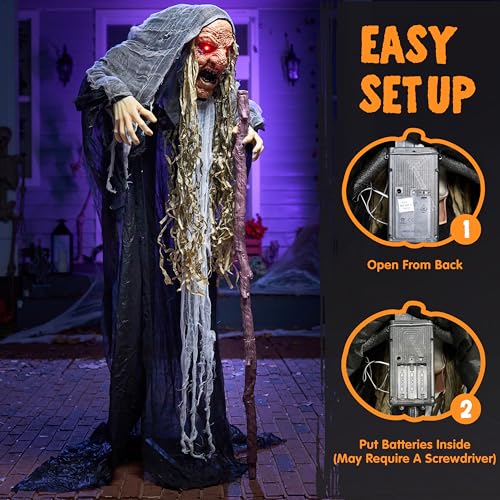 62” Halloween Decorations Outdoor Animatronics Standing Hunchback Witch with Light Creepy Sound Decor