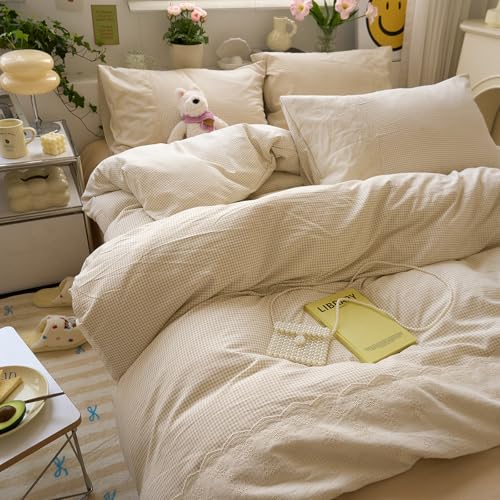 Tan Gingham Comforter Set Queen Princess Lace Style Beige Taupe Plaid Comforter Set Soft Fluffy Grid Farmhouse Gingham Bedding Set Vintage Plaid Checkered Comforter with 2 Pillowcases