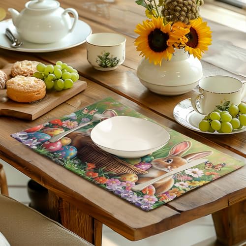 Easter Bunny Placemats Set of 4 Easter Colorful Eggs Floral Linen Fabric Table Mats Spring Farmhouse Seasonal Table Place Mats for Outdoor Indoor Home Party 12x18 Inch (4 Count)