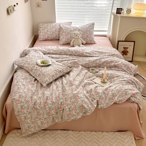 Queen Size Comforter Set Boho Pink Floral Bedding Comforter with 2 Pillowcases Vintage Garden Style Boho Comforter for Queen Bed Cute Flower Bedding Fluffy Cottagecore Botanical Comforter Set
