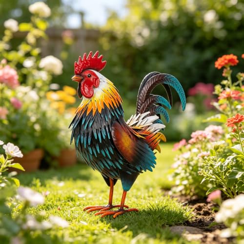Rooster Garden Statue Sculpture Metal Chicken Yard Decor Outdoor Figurines Patio Backyard Decoration