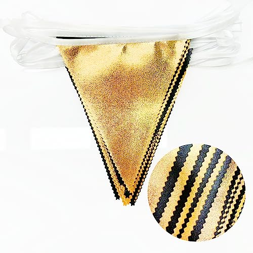 Black and Gold Party Decorations Triangle Pennant Banner Flag Metallic Fabric Bunting Garland for Birthday Graduation Anniversary Wedding Bachelorette Bridal Shower Engagement Hen Party Supplies (36 Count)