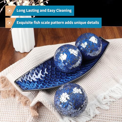 16" Large Ceramic Decorative Tray and 4" Glass Mosaic Balls Set of 4
