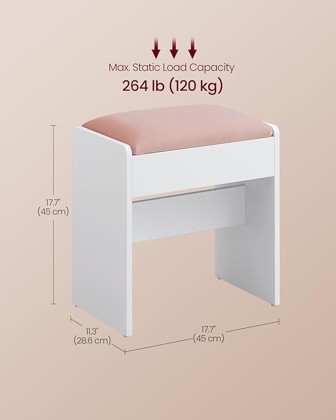 VASAGLE Kailyn Collection - Velvet Vanity Stool, Upholstered Makeup Stool, Footrest with Anti-Slip Pads, for Makeup Room, Bedroom, Entryway, Matte White and Jelly Pink URDS001W01S
