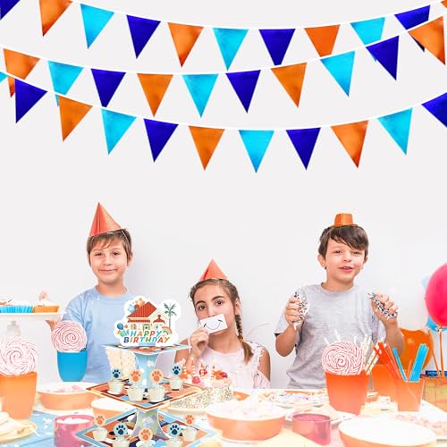 Orange Blue Party Decorations Metallic Fabric Triangle Pennant Flag Bunting Banner Garland for Birthday Baby Shower Graduation Bridal Shower Wedding Bachelorette Engagement Space Theme Party Supplies (36 Count)