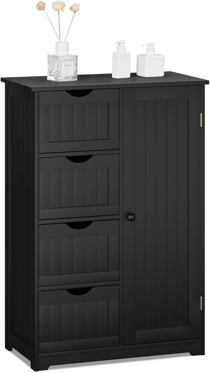COSTWAY Bathroom Storage Cabinet, Wooden Storage Organizer with 4 Deep Drawers & Adjustable Shelf, Modern Floor Cabinet for Living Room, Bathroom, Kitchen, Entryway (Black)