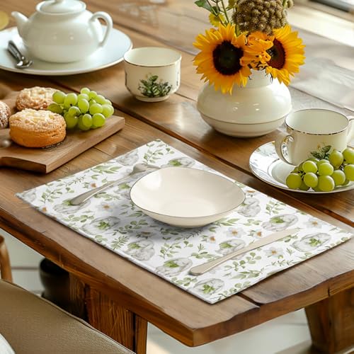 Easter Bunny Rabbits Placemats Set of 4 Easter Spring Green Leaves Flroal Dining Table Placemats 12x18 Inch Heat Resistant Washable Table Mats for Kitchen Dining Holiday Indoor (4 Count)