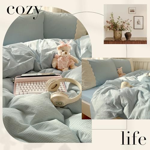 Blue Gingham Comforter Set Full Size Romantic Lace Style Checkered Plaid Comforter Set 3 Pieces Blue Grid Bed Comforter with 2 Pillowcases Soft Fluffy Farmhouse Plaid Gingham Bedding Set