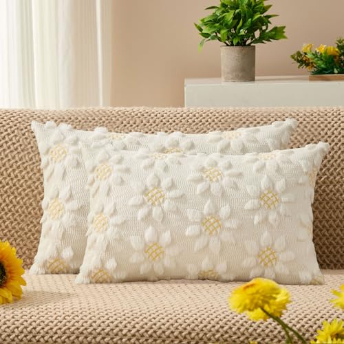 Spring Summer Pillow Covers 12x20 inch Set of 2 White Sunflower (2 Count)