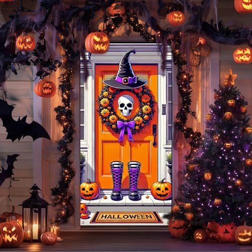Halloween Door Cover Skull Witch Hat 35x71 Inch Polyester
