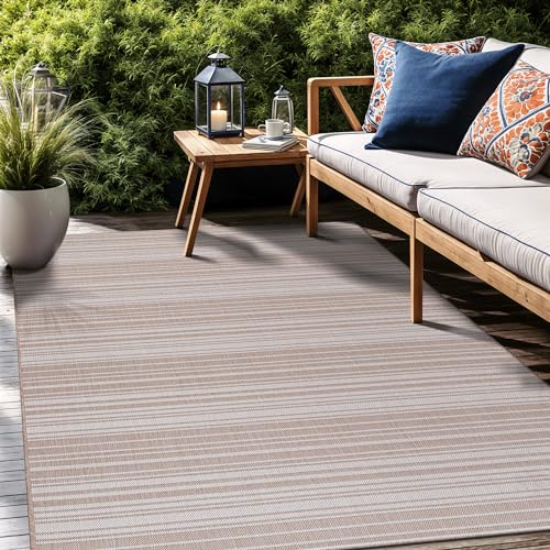 Stripe Outdoor Rug 9x12 Washable Outside Carpet for Indoor Patio Porch Waterproof Easy Cleaning Non Shedding Area Rugs Beige 9 x 12 (108 Sq Ft)