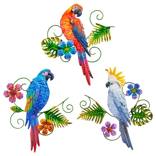 Metal Parrots Wall Decor Outdoor Hanging Sculptures Decor for Yard Garden (3 Count)